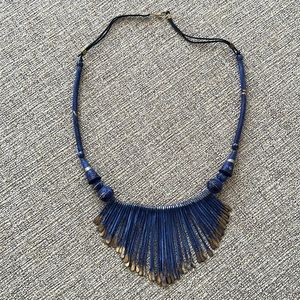 Metal and Bead Rope Necklace, Blue Gold Black